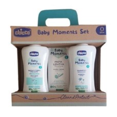 CHICCO BABY MOMENTS SET BAGNOCHIUMA PELLI DELICATE 200 ML + SHAMPOO PELLI DELICATE 200 ML + PASTA CAMBIO PELLI DELICATE 100 ML