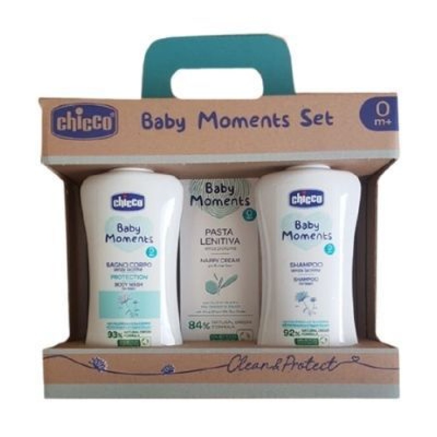 CHICCO BABY MOMENTS SET BAGNOCHIUMA PELLI DELICATE 200 ML + SHAMPOO PELLI DELICATE 200 ML + PASTA CAMBIO PELLI DELICATE 100 ML