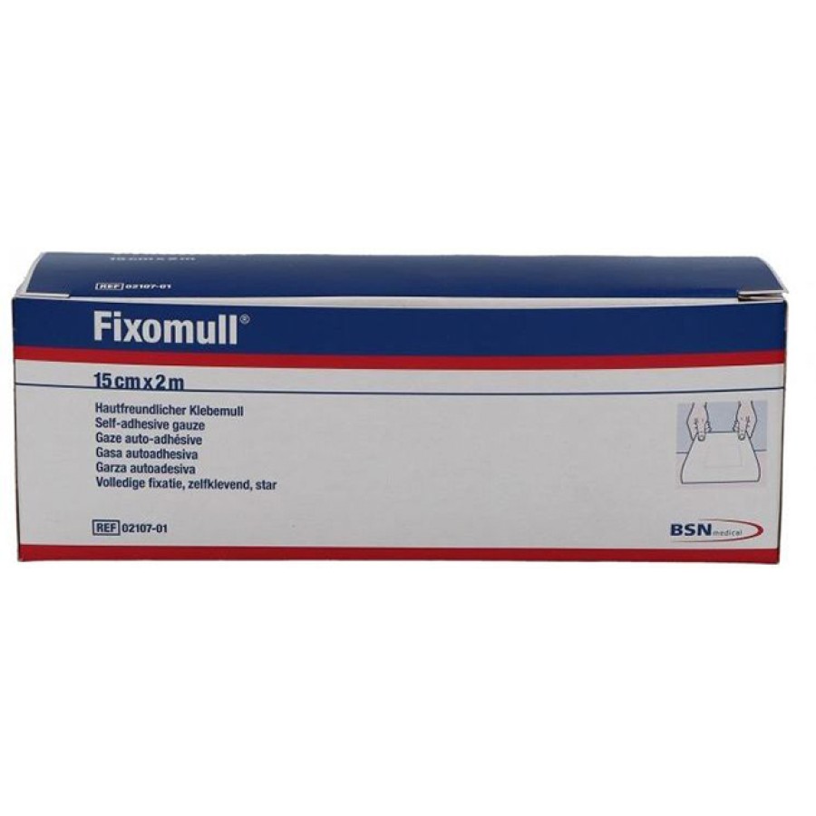 FASCIA AUTOADESIVA IPOALLERGENICA FISSAGGIO SU AMPIA SUPERFICIE FIXOMULL. SUPPORTO IN GARZA DI VISCOSA COLORE BIANCO MASSA IN POLICARBONATO SENZA RESINE E GOMME NATURALI. 15X1000CM