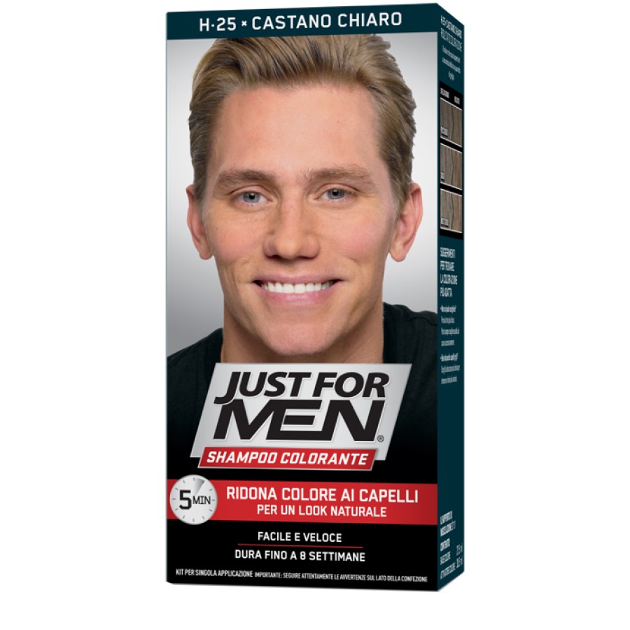 JUST FOR MEN SHAMPOO COLORANTE H25 CASTANO CHIARO ATTIVATORE CHIARO 38,5 ML + BASE COLORE 27,5 ML JUST FOR MEN SHAMPOO COLORANTE H25 CASTANO CHIARO ATTIVATORE CHIARO 38,5 ML + BASE COLORE 27,5 ML