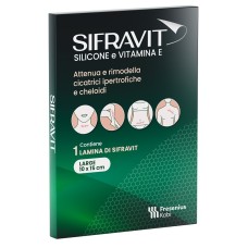 PLACCA IN SILICONE E VITAMINA E SIFRAVIT DIMENSIONI 15X10CM. INDICATA NEL TRATTAMENTO DI CHELOIDI E CICATRICI IPERTROFICHE CONSEGUENTI AD INTERVENTI C HIRURGICI, USTIONI, E FERITE