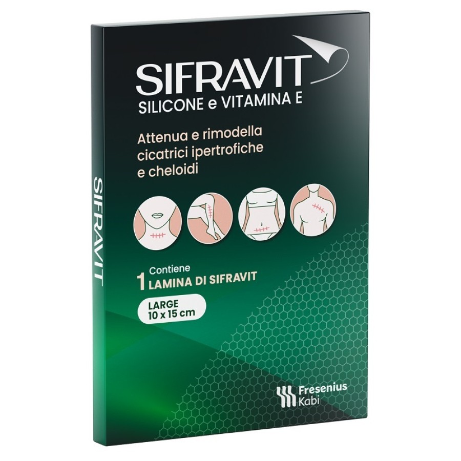 PLACCA IN SILICONE E VITAMINA E SIFRAVIT DIMENSIONI 15X10CM. INDICATA NEL TRATTAMENTO DI CHELOIDI E CICATRICI IPERTROFICHE CONSEGUENTI AD INTERVENTI C HIRURGICI, USTIONI, E FERITE