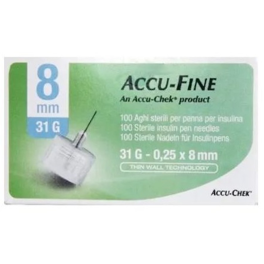AGO PER PENNA DA INSULINA ACCU-FINE PEN NEEDLE ACCU-CHEK GAUGE 31 X 8MM 100 PEZZI AGO PER PENNA DA INSULINA ACCU-FINE PEN NEEDLE ACCU-CHEK GAUGE 31 X 8MM 100 PEZZI