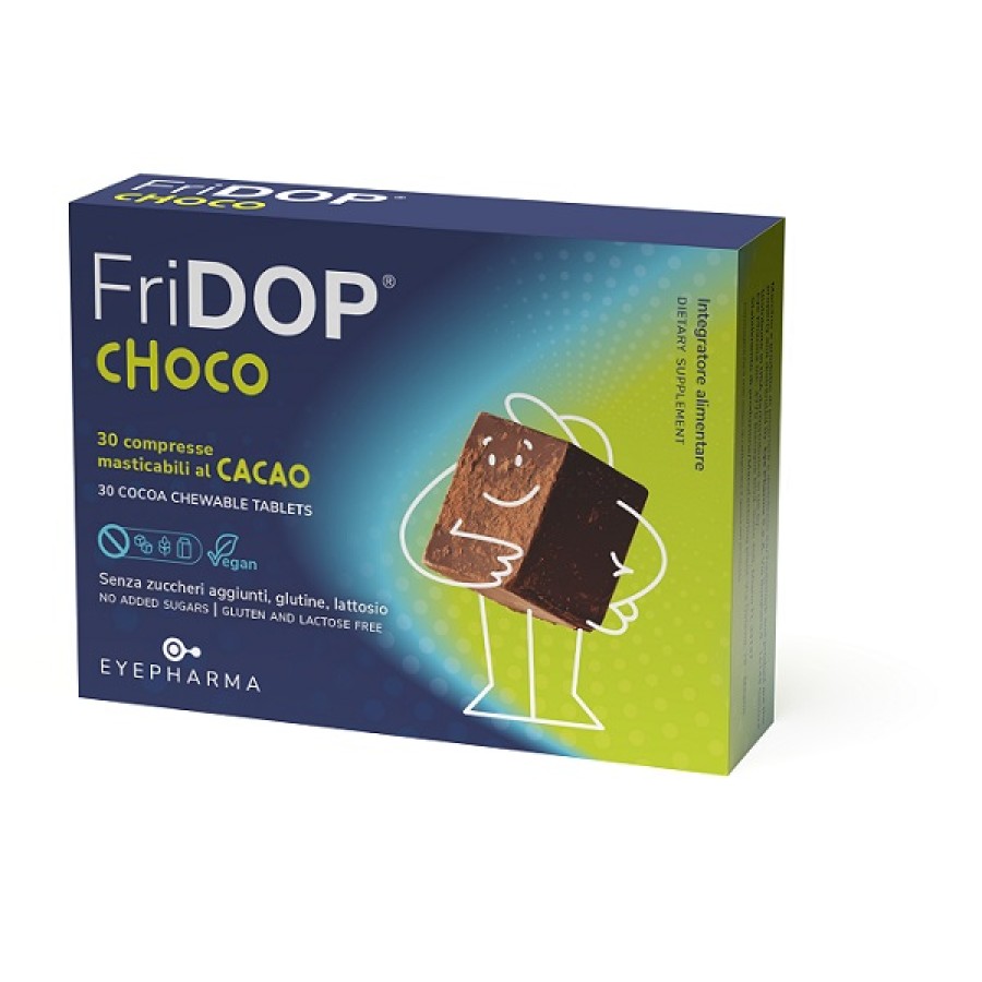 FRIDOP CHOCO 30 COMPRESSE MASTICABILI CACAO CON EDULCORANTI SENZA ZUCCHERI AGGIUNTI SENZA GLUTINE SENZA LATTOSIO FRIDOP CHOCO 30 COMPRESSE MASTICABILI CACAO CON EDULCORANTI SENZA ZUCCHERI AGGIUNTI SENZA GLUTINE SENZA LATTOSIO
