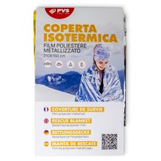 COPERTA ISOTERMICA IN FILM DI POLIESTERE CON ALLUMINIO LATO ARGENTO PROTEZIONE DA CALDO LATO ORO PROTEZIONE DA FREDDO DIMENSIONI 210X160 CM PESO 63 G