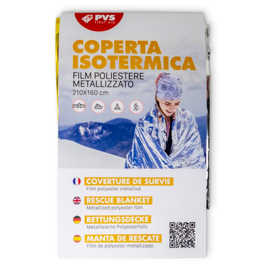 COPERTA ISOTERMICA IN FILM DI POLIESTERE CON ALLUMINIO LATO ARGENTO PROTEZIONE DA CALDO LATO ORO PROTEZIONE DA FREDDO DIMENSIONI 210X160 CM PESO 63 G