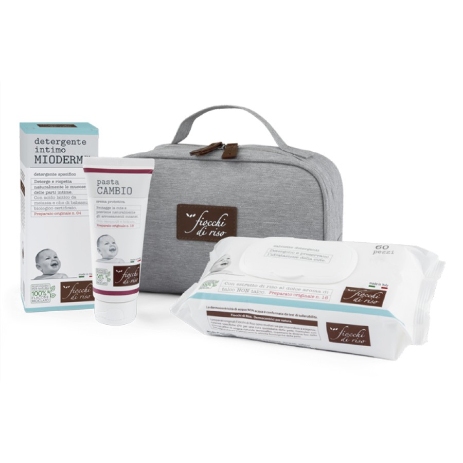 FIOCCHI DI RISO COFANETTO CAMBIO PANNOLINO 1 DETERGENTE INTIMO MIODERM 240 ML + 1 PASTA CAMBIO 100 ML + SALVIETTE ACQUA NON ACQUA 60 PEZZI + BEAUTY
