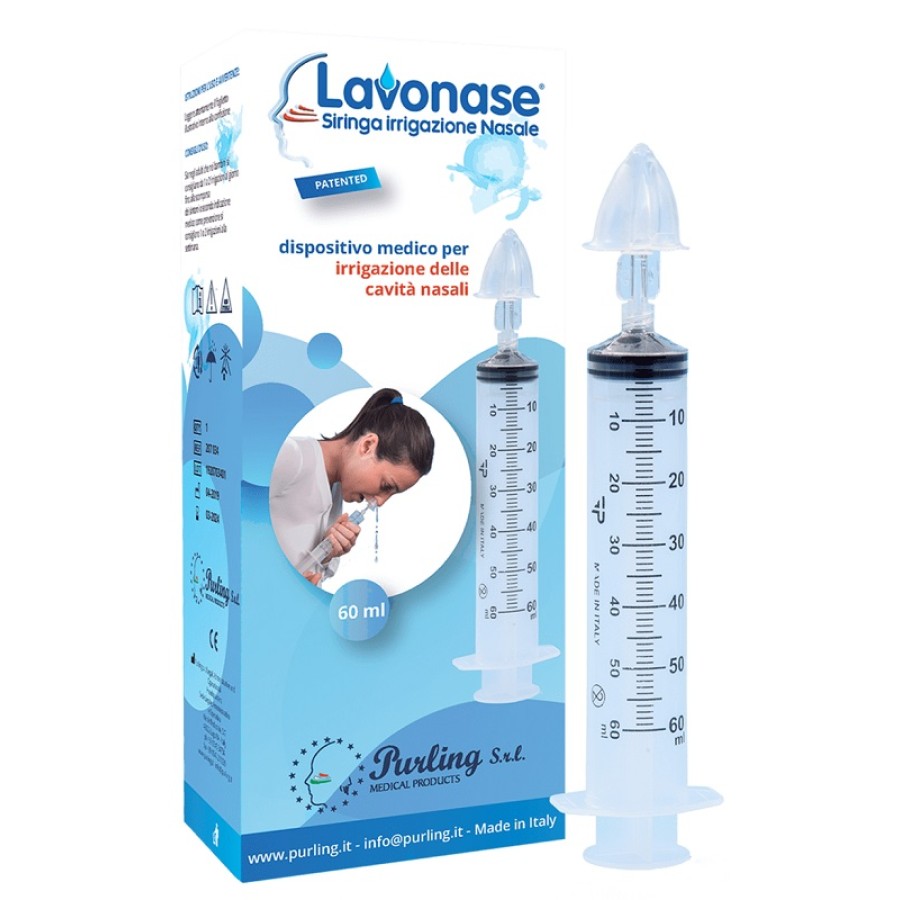 LAVONASE IRRIGAZIONE NASALE NON STERILE SIRINGA 60 ML + LUER-LOCK CON CAPPUCCIO + UGELLO NASALE CON RACCORDO LUER-LOCK + PERFORATORE CON VALVOLA NON RITORNO CON TAPPO