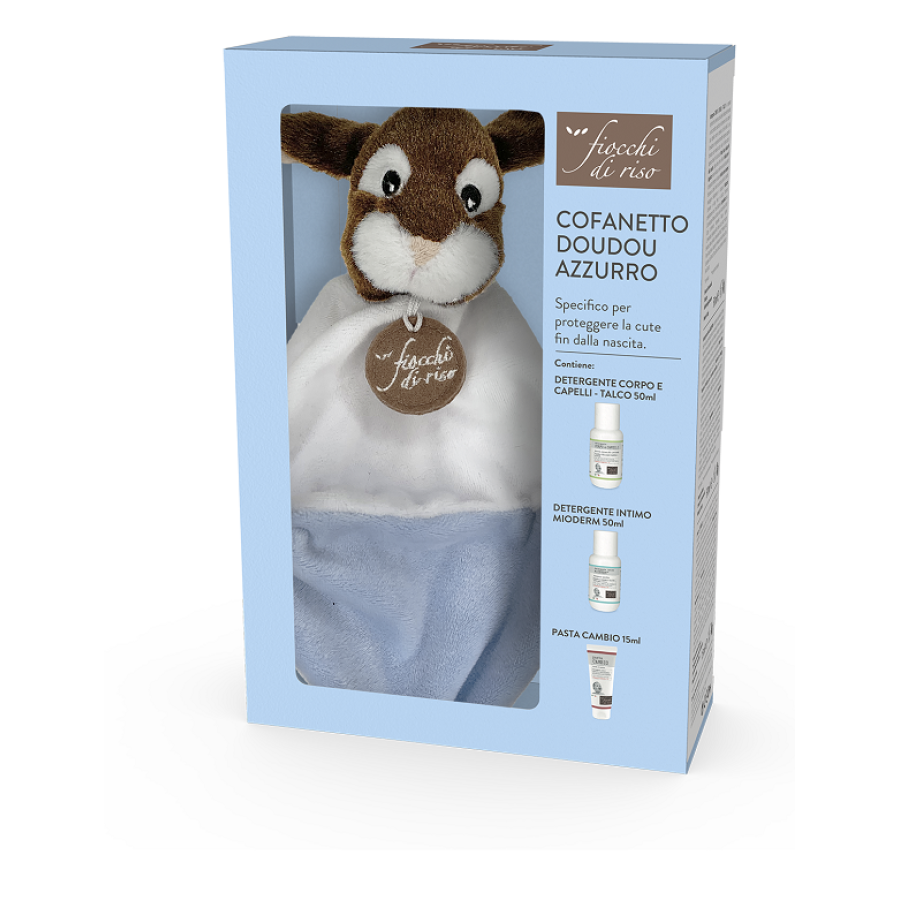 FIOCCHI DI RISO COFANETTO DOUDOU BIMBO AZZURRO MINISIZE PASTA CAMBIO 15 ML + MINISIZE INTIMO MIODERM 50 ML + MINISIZE DETERGENTE CORPO CAPELLI TALCO 50 ML + DOUDOU FIOCCO AZZURRO