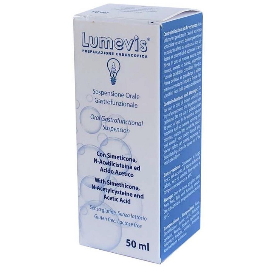 LUMEVIS SOSPENSIONE ORALE MONOUSO A BASE DI SIMETICONE N-ACETILCISTEINA E ACIDO ACETICO DA UTILIZZARE IN PREPARAZIONE DI ESAMI CLINICI AMBITO GASTROSCOPICO 50 ML