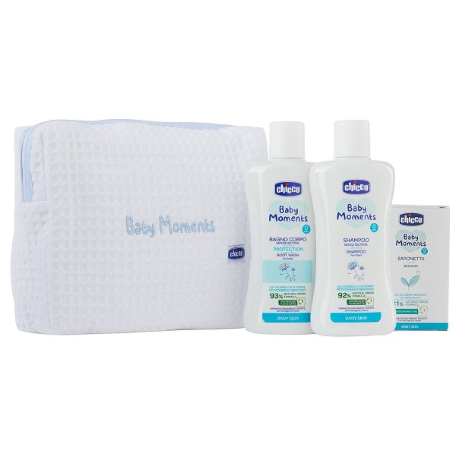 CHICCO BABY MOMENTS BEAUTY BAG ZIP AZZURRO BAGNOSCHIUMA PELLI DELICATE 200 ML + SHAMPOO PELLI DELICATE 200 ML + SAPONE SOLITO PELLI DELICATE 100 G