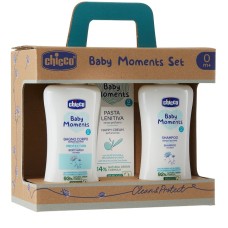 CHICCO BABY MOMENTS SET BAGNOCHIUMA PELLI DELICATE 200 ML + SHAMPOO PELLI DELICATE 200 ML + PASTA CAMBIO PELLI DELICATE 100 ML