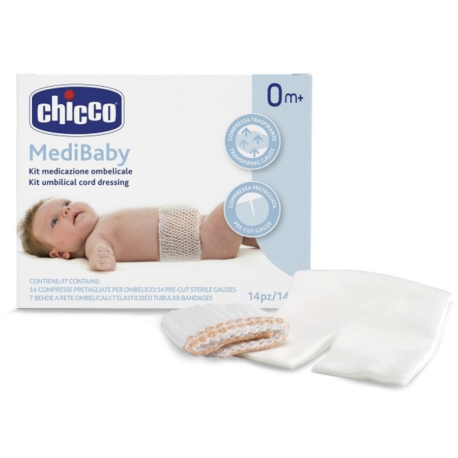 CHICCO KIT MEDICAZIONE OMBELICALE BENDA A RETE ELASTICA CALIBRO 6 + COMPRESSE IN TNT STERILI 10X10 CM 4 PEZZI