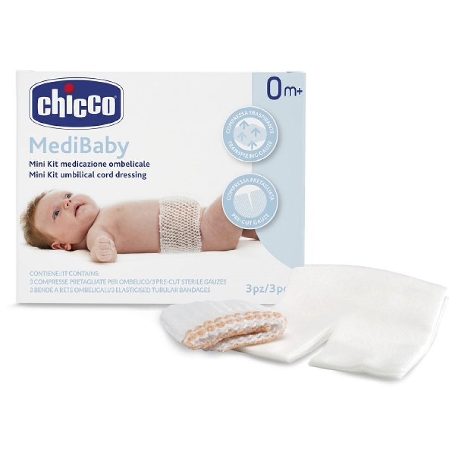 CHICCO MINI KIT MEDICAZIONE OMBELICALE BENDA A RETE ELASTICA CALIBRO 6 + COMPRESSE IN TNT STERILI 10X10 CM 4 PEZZI