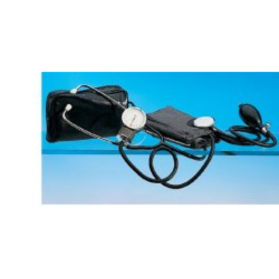 SFIGMOMANOMETRO ANEROIDE AD ALTA PRECISIONE CON FONENDOSCOPIO  BRACCIALE CON CHIUSURA IN VELCRO  CUSCINETTO IN GOMMA  SOFFIERIA COMPLETA DI VALVOLA