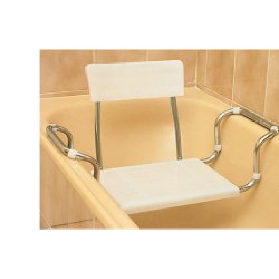 SEDILE ALLUNGABILE PER VASCA IN PLASTICA REGOLABILE CON SCHIENALE. TELAIO D'ACCIAIO CROMATO E PIANO DI SEDUTA IN MOPLEN CON 2 NERVATURE PER FISSARLO AL TELAIO.PORTATA MASSIMA 100KG