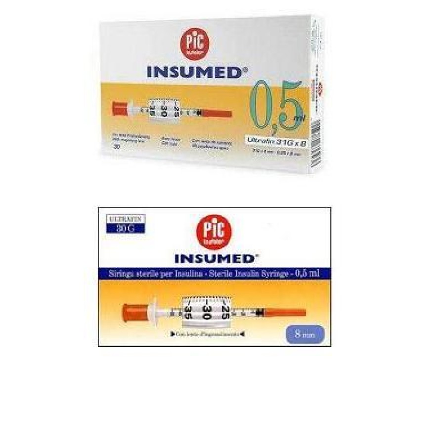 SIRINGA PER INSULINA PIC INSUMED 0,5 ML 100 UI AGO GAUGE 29 LUNGHEZZA 12,7 MM SENZA SPAZIO MORTO 3 SACCHETTI DA 10 PEZZI