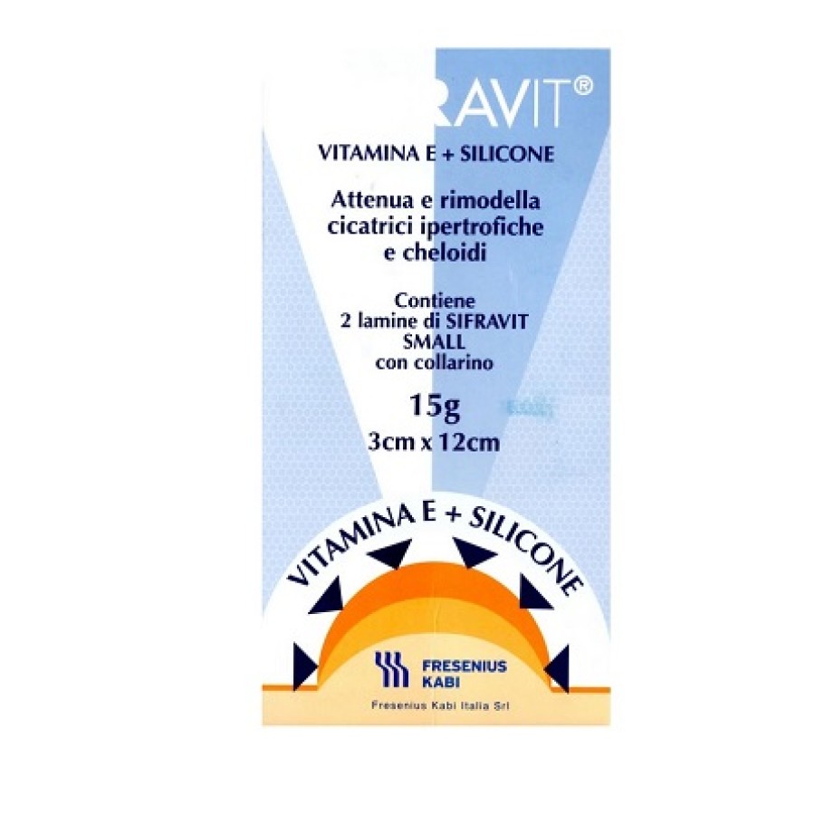 PLACCA IN SILICONE E VITAMINA E SIFRAVIT DIMENSIONI 3X12CM. INDICATA NEL TRATTAMENTO DI CHELOIDI E CICATRICI IPERTROFICHE CONSEGUENTI AD INTERVENTI C HIRURGICI, USTIONI, E FERITE