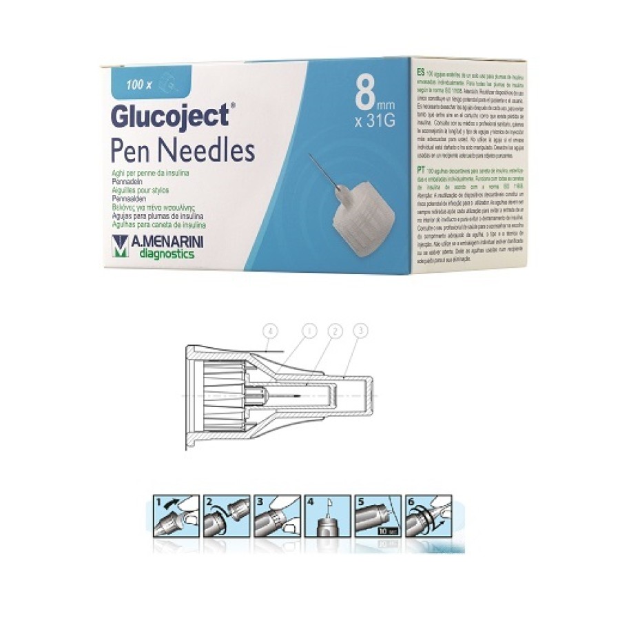 AGO PER PENNA DA INSULINA GLUCOJECT LUNGHEZZA 8 MM GAUGE 31 100 PEZZI
