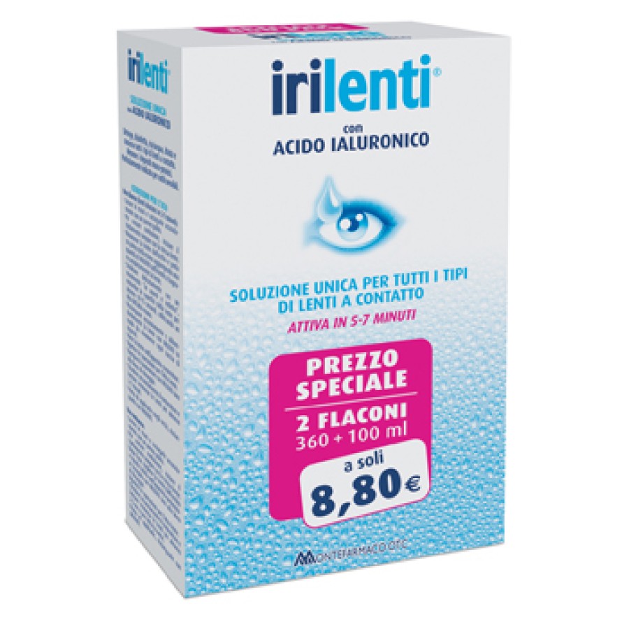 SOLUZIONE UNICA PER LENTI A CONTATTO IRILENTI CON ACIDO IALURONICO 2 FLACONI DA 360 ML + 100 ML