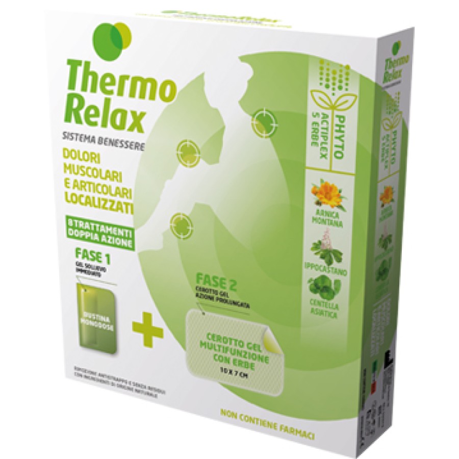 THERMORELAX PHYTO GEL DOLORI MUSCOLARI E ARTICOLARI LOCALIZZATI FASE 1 GEL SOLLIEVO IMMEDIATO E FASE 2 CEROTTO GEL MULTIFUNZIONALE CON ERBE 8 PEZZI