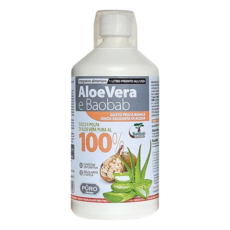 PURO ALOE VERA SUCCO E POLPA 100% + BAOBAB PESCA BIANCA 1 LITRO