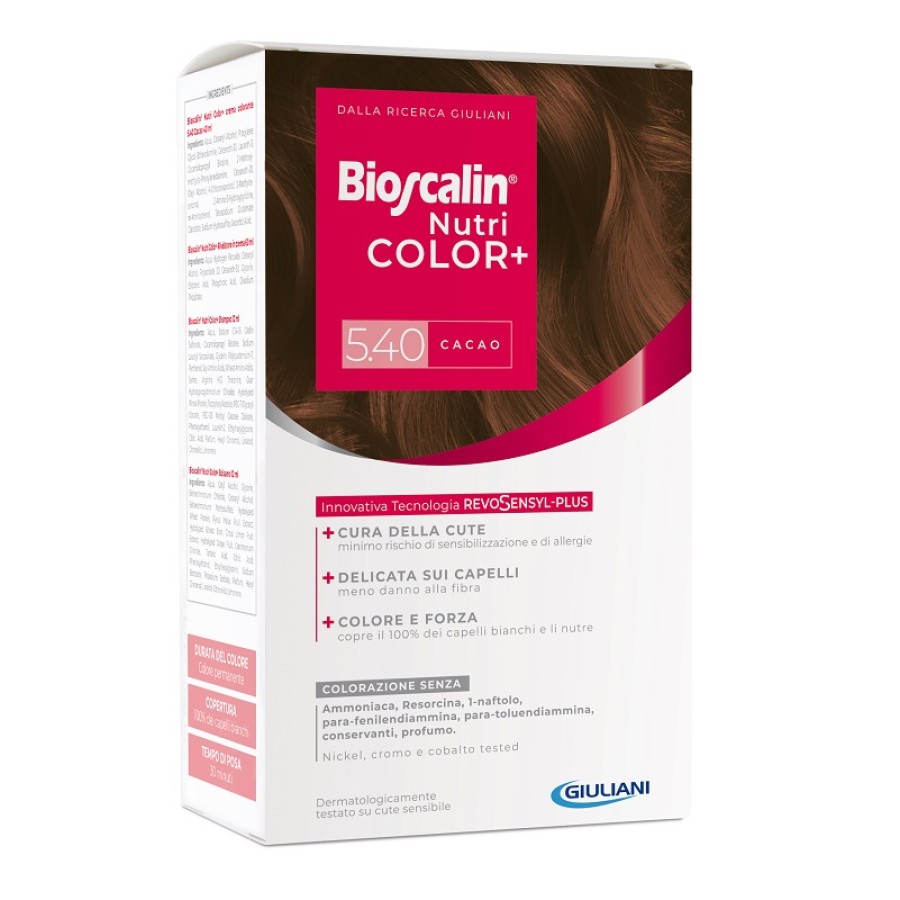BIOSCALIN NUTRICOLOR PLUS 5,40 CACAO CREMA COLORANTE 40 ML + RIVELATORE CREMA 60 ML + SHAMPOO 12 ML + TRATTAMENTO FINALE BALSAMO 12 ML