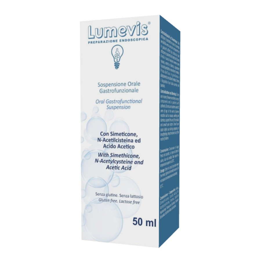 LUMEVIS SOSPENSIONE ORALE MONOUSO A BASE DI SIMETICONE N-ACETILCISTEINA E ACIDO ACETICO DA UTILIZZARE IN PREPARAZIONE DI ESAMI CLINICI AMBITO GASTROSCOPICO 50 ML