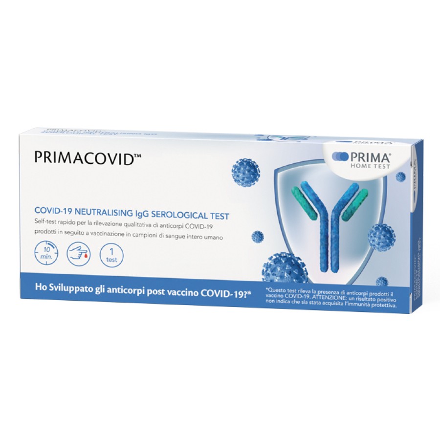 TEST SIEROLOGICO RAPIDO PRIMACOVID HOME AUTODIAGNOSTICO DETERMINAZIONE QUALITATIVA ANTICORPI NEUTRALIZZANTI IGG ANTI SARS-COV-2 NEL SANGUE/SIERO/PLASMA MEDIANTE IMMUNOCROMATOGRAFIA