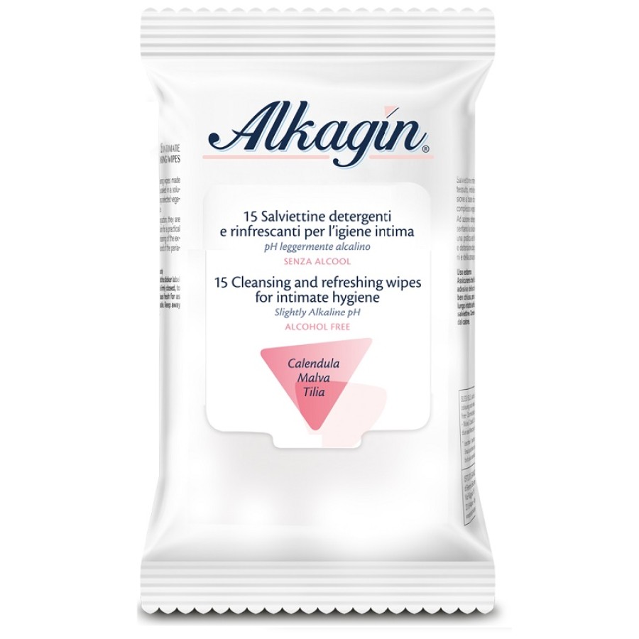 ALKAGIN SALVIETTINE DETERGENTI E RINFRESCANTI PER L'IGIENE INTIMA PH LEGGERMENTE ALCALINO SENZA ALCOOL 15 PEZZI CALENDULA MALVA E TILIA